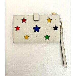Michael Kors Wristlet White Multicolor Stars Cutout Snap Flap Zipper NEW